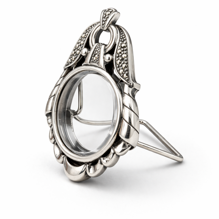 Sterling Silver Mini Picture Frame – 1.6" Tall Ornate Frame w/ Clear Insert (6.6 Grams)