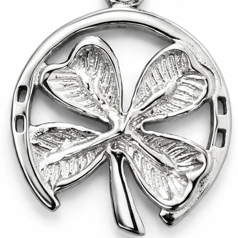 Sterling Silver Four Leaf Clover Charm Pendant with Horseshoe 1.3 Inch – Lucky Irish Clover Dangle Charm with Lobster Clasp Connector, Good Luck Jewelry Gift