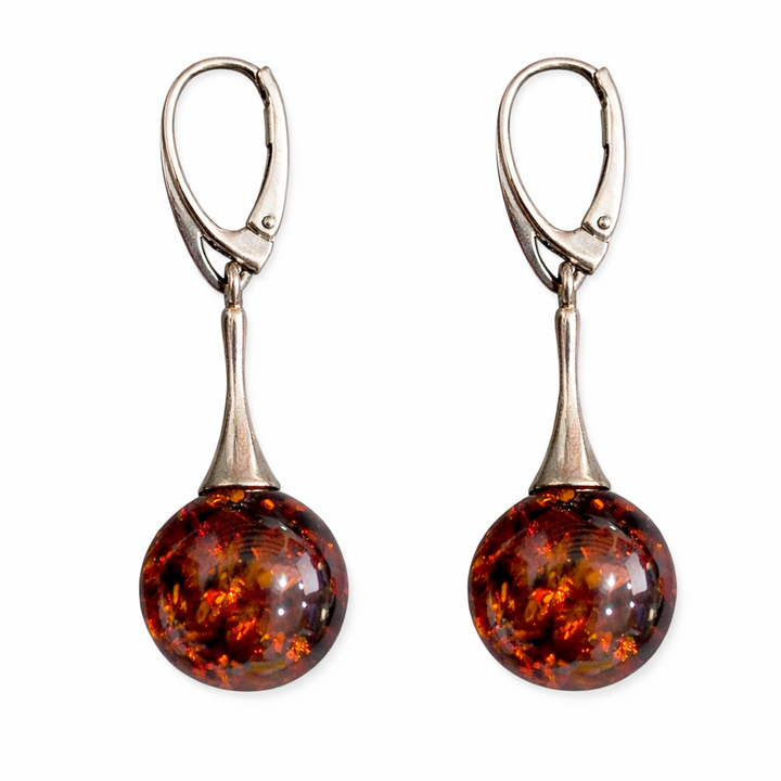 Sterling Silver Baltic Amber Drop Earrings – 14 mm Round Amber – 1.75 Inch Dangle Leverback Earrings