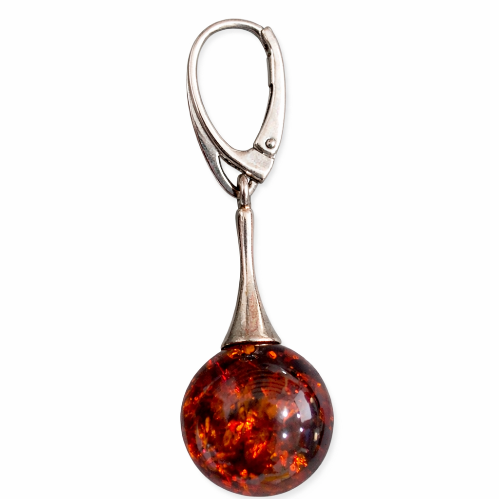 Sterling Silver Baltic Amber Drop Earrings – 14 mm Round Amber – 1.75 Inch Dangle Leverback Earrings