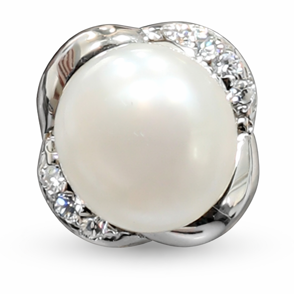 9 mm White South Sea Button Pearl Earrings in Sterling Silver with Crystal Accents