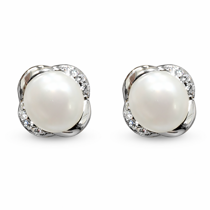 9 mm White South Sea Button Pearl Earrings in Sterling Silver with Crystal Accents