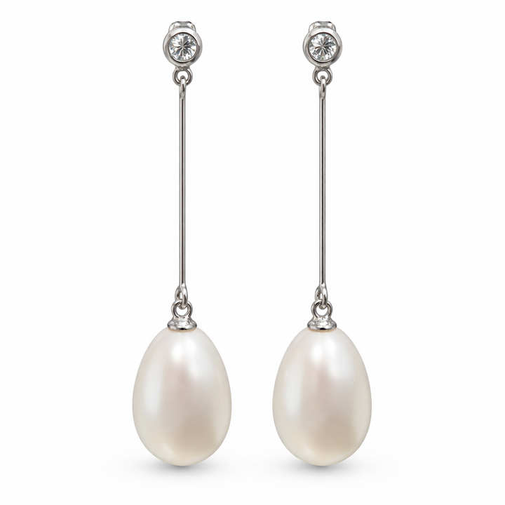 South Sea Drop Pearl Bar Earrings in Sterling Silver with Crystal Accents – 10 mm Pearl