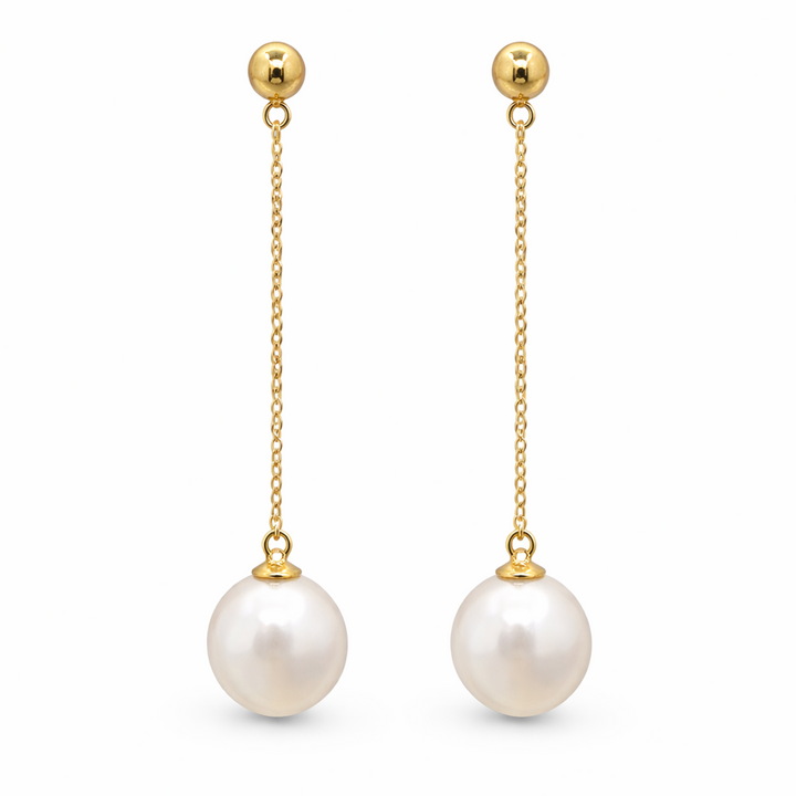 8 mm Japanese Akoya White Pearl Drop Earrings in 18K Yellow Gold