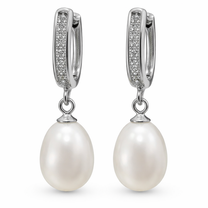 South Sea White Pearl Drop Earrings with Crystal Huggie Hoops in Sterling Silver – 8–9 mm