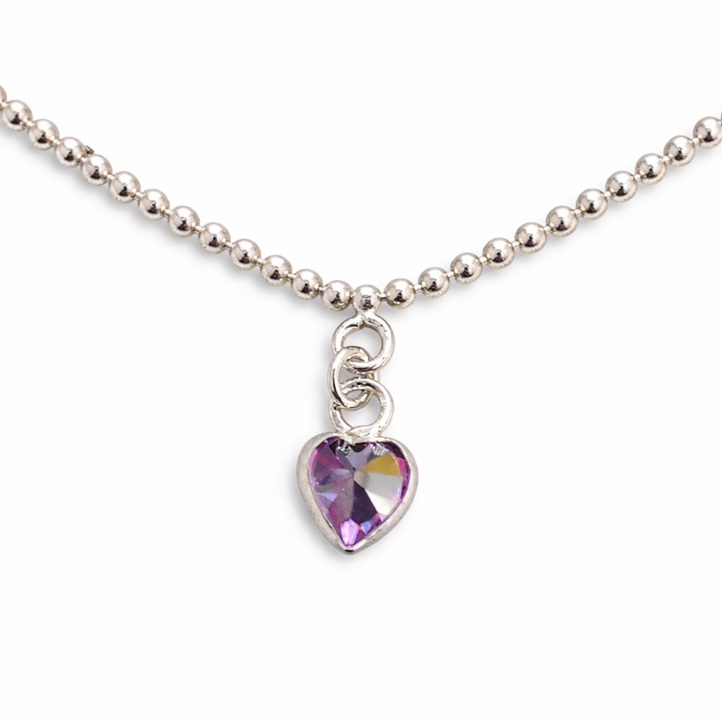 Sterling Silver Amethyst Heart Charm Anklet – Adjustable 9.5 to 10 Inch Beaded Chain Anklet
