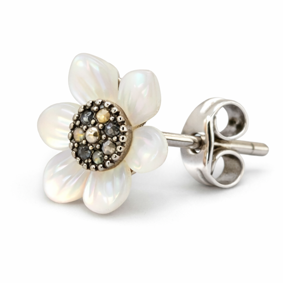 Mother of Pearl Flower Earrings with Marcasite Center – Sterling Silver, 0.5" Diameter