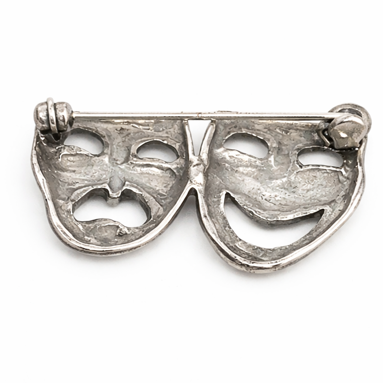 Sterling Silver Comedy and Tragedy Mask Brooch – Theater Drama Pin, 1.3" Wide