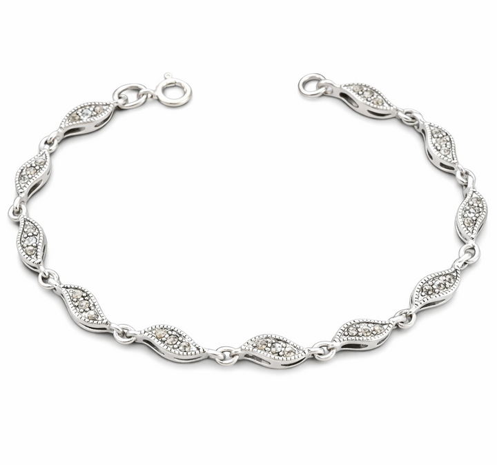 Sterling Silver Marcasite Marquise Link Bracelet – 7 3/4 Inch Vintage Style Bracelet