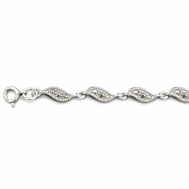 Sterling Silver Marcasite Marquise Link Bracelet – 7 3/4 Inch Vintage Style Bracelet