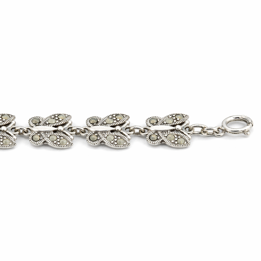 Sterling Silver Marcasite Butterfly Link Bracelet – Vintage Style 7 1/4 Inch Bracelet
