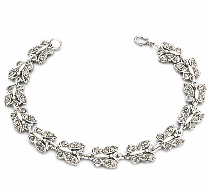 Sterling Silver Marcasite Butterfly Link Bracelet – Vintage Style 7 1/4 Inch Bracelet