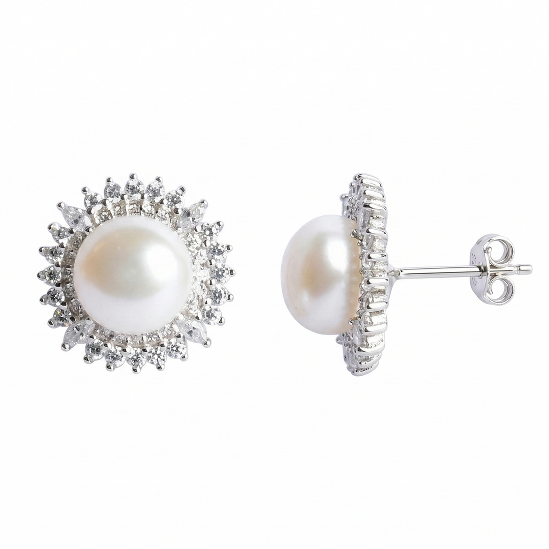 9 mm White Button Pearl Sunburst Earrings in Sterling Silver with Diamond Simulants