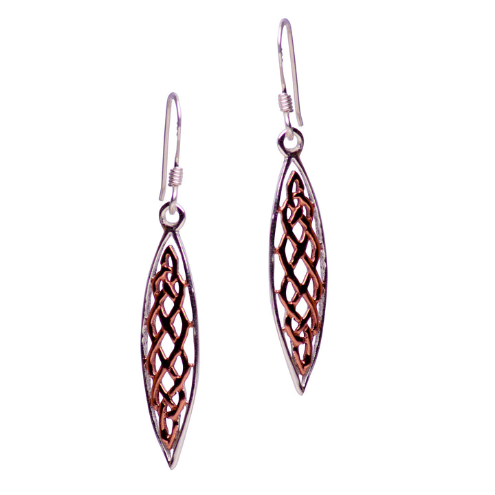 Two-Tone Sterling Silver & 14K Rose Gold Woven Marquise Drop Earrings – 1.68 Inch