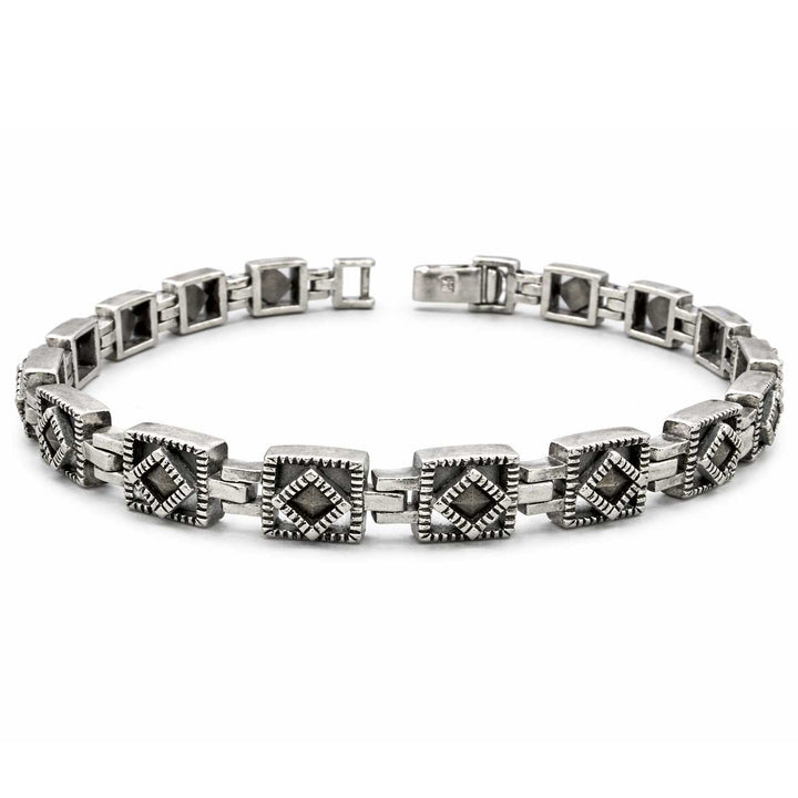 Sterling Silver Marcasite Square Link Bracelet – 7 1/2 Inch Vintage Style Bracelet