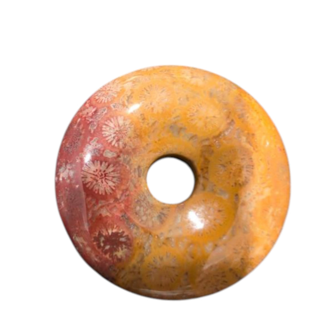 35 mm Fossil Coral Donut Pendant – Natural Agatized Coral Stone – Red Orange Coral Flower Fossil Gemstone