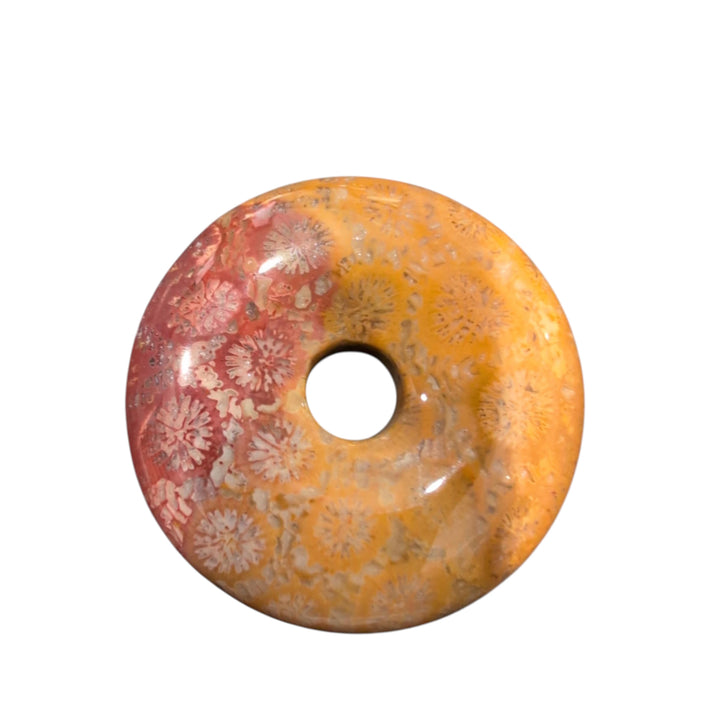 35 mm Fossil Coral Donut Pendant – Natural Agatized Coral Stone – Red Orange Coral Flower Fossil Gemstone