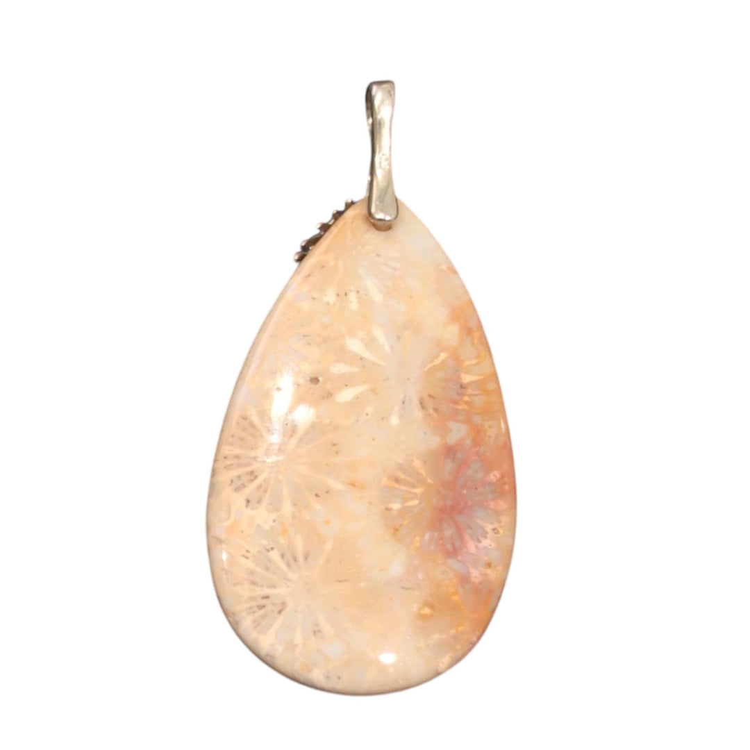 Fossil Coral Teardrop Pendant With Sterling Silver Clasp – Natural Agatized Coral Gemstone – 50 mm x 28 mm Coral Fossil Jewelry