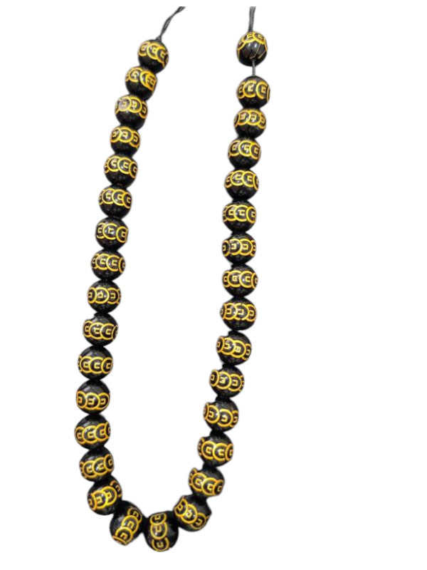 Black Tibetan Mantra Glass Beads – Gold Etched Om Mani Padme Hum Beads (Loose Strand ~32 Beads)