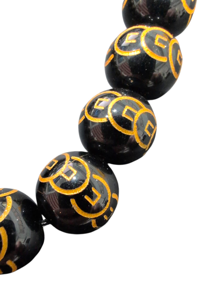 Black Tibetan Mantra Glass Beads – Gold Etched Om Mani Padme Hum Beads (Loose Strand ~32 Beads)