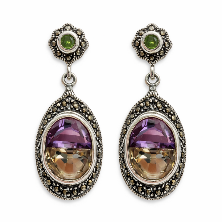 Sterling Silver Ametrine & Peridot Marcasite Dangle Earrings – 13×10mm Oval Ametrine – 12.5 Carat Total Weight