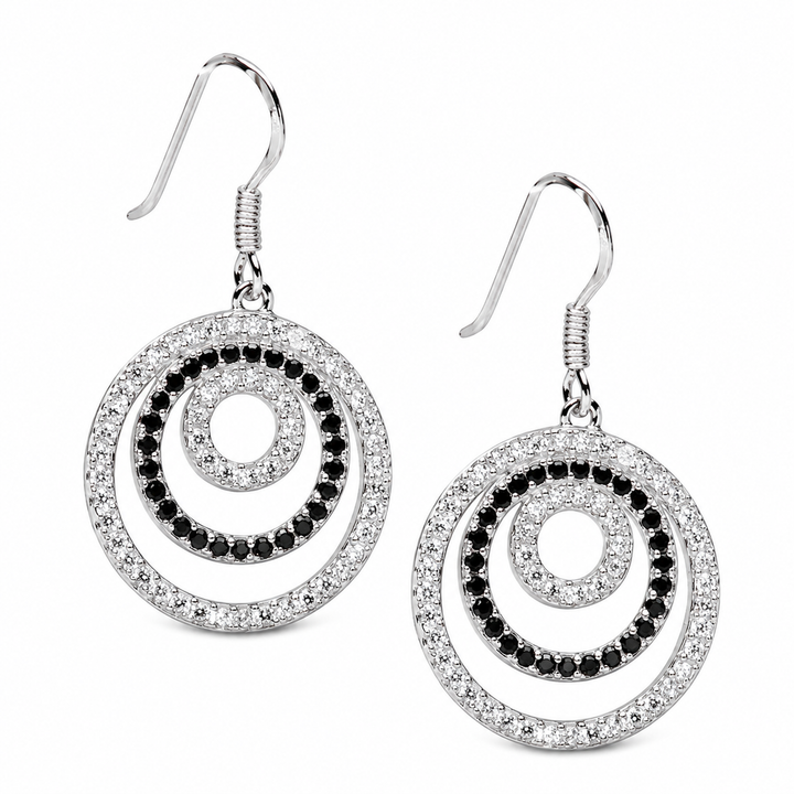 Black & Clear Diamond Simulant Triple-Circle Sterling Silver Dangle Earrings