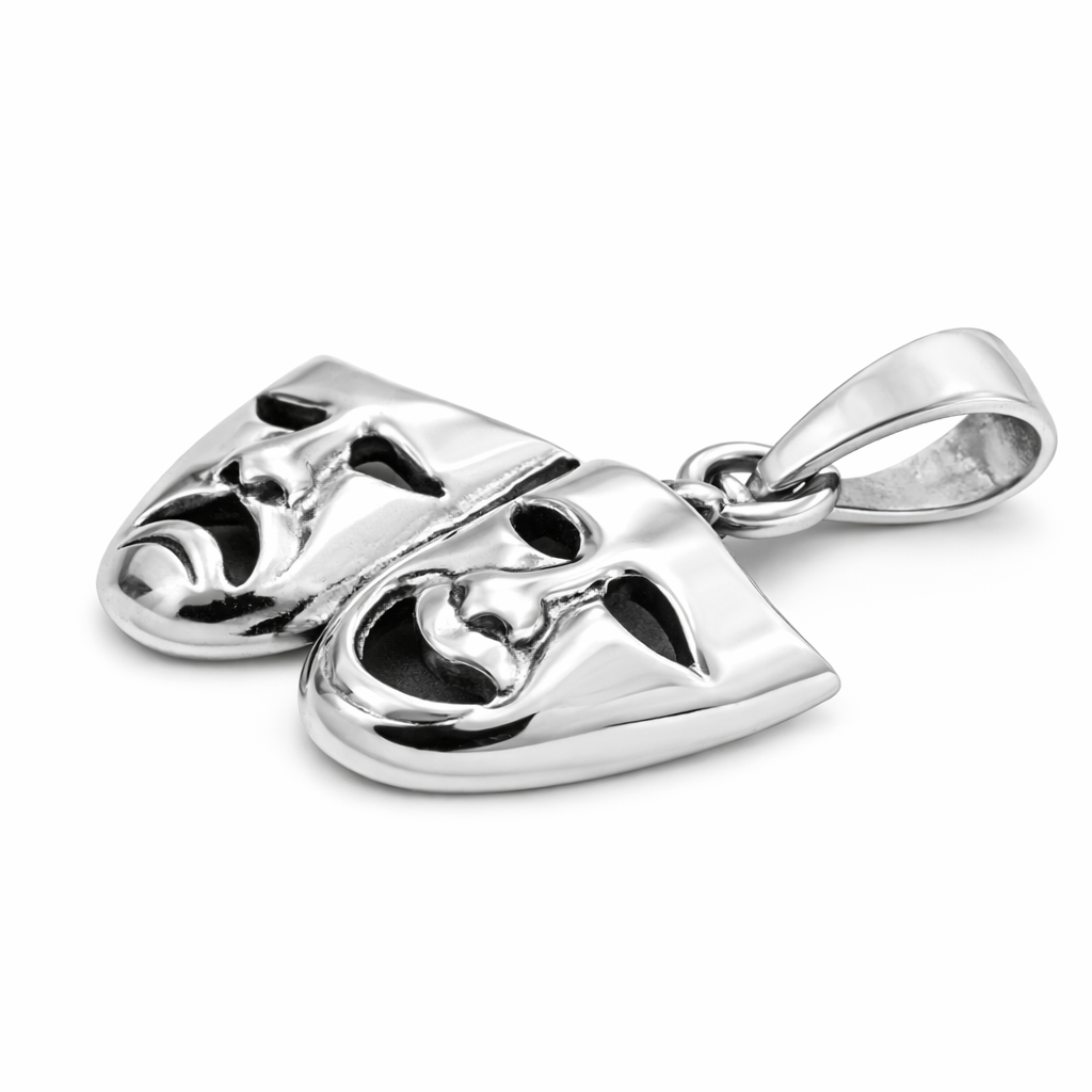 Sterling Silver Comedy & Tragedy Mask Pendant – 1" Theater Drama Pendant Charm