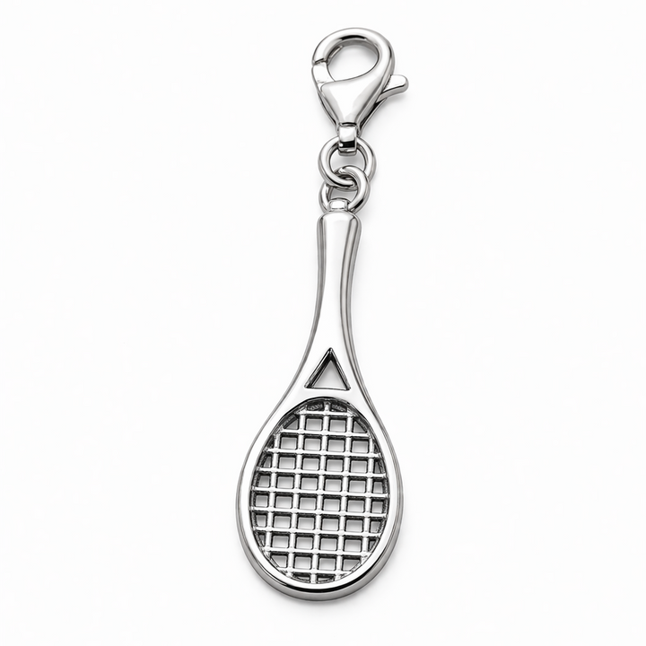 Sterling Silver Tennis Racket Charm – 1.9" Drop Pendant w/ Clasp