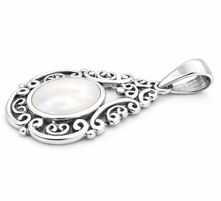 Sterling Silver Mother of Pearl Filigree Pendant – 1 3/8" Oval Mother of Pearl Vintage Style Necklace Charm
