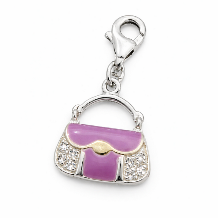 Sterling Silver Handbag Charm Pendant – 1.15 Inch Drop with Bail – Pink Enamel Purse Jewelry