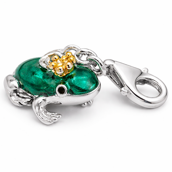 Sterling Silver Green Enamel Frog Charm with Crown – Heavy 0.95 Inch Wide Animal Pendant – Colorful Frog Jewelry Charm with Lobster Clasp