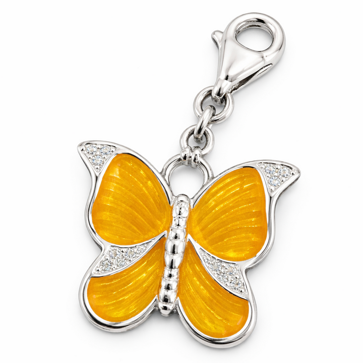1.4 Inch Butterfly Charm with Clasp – Sterling Silver Yellow Enamel & CZ Dangle Charm for Bracelets & Necklaces