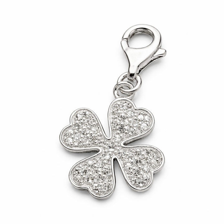 Sterling Silver Four Leaf Clover Charm with CZ Stones – 1.1" Drop Dangle Pendant with Clasp