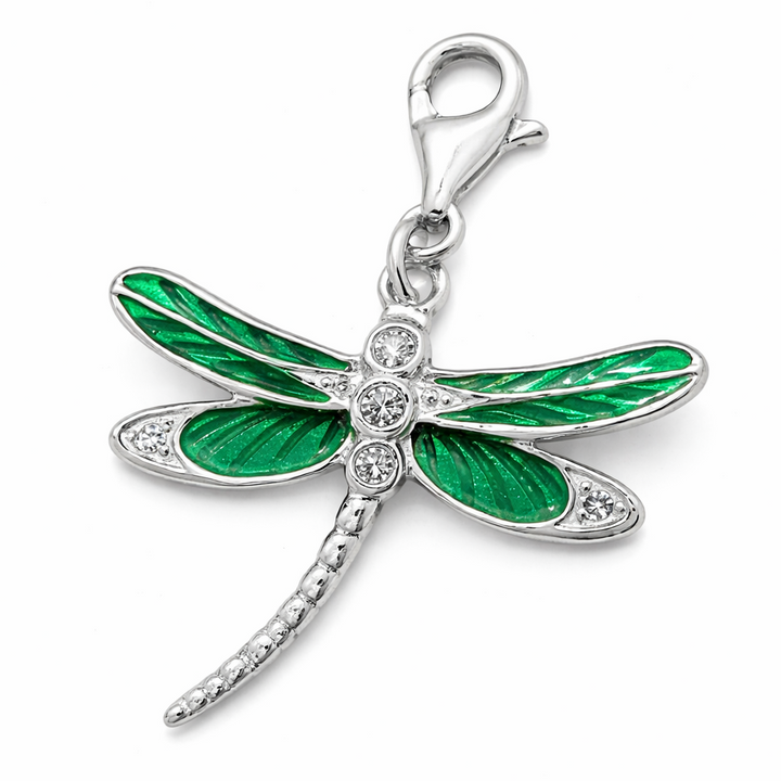 Sterling Silver Dragonfly Charm Pendant 1.5 Inch with Bail – Green Enamel Dragonfly Jewelry with Crystal Accents, Nature Insect Charm, Bracelet or Necklace Pendant Gift