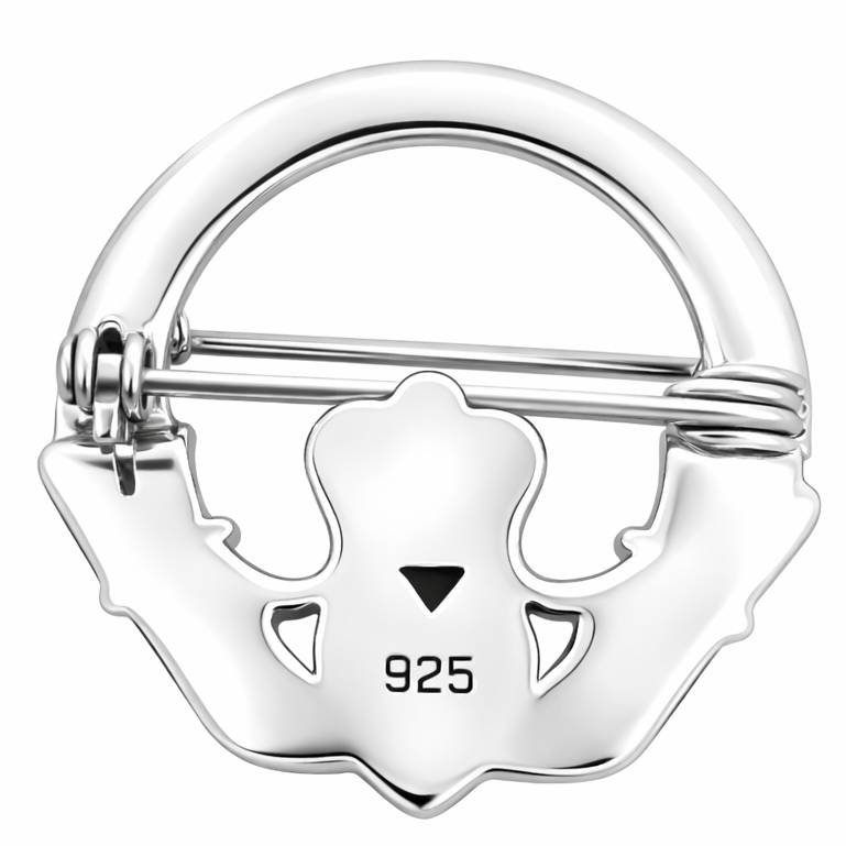 Sterling Silver Claddagh Brooch – Irish Hands Heart Crown Pin – 925 Silver 0.96” Vintage Style