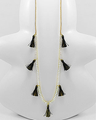 Crystal & Brass Tassel Necklace in Black