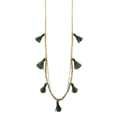 Crystal & Brass Tassel Necklace in Green