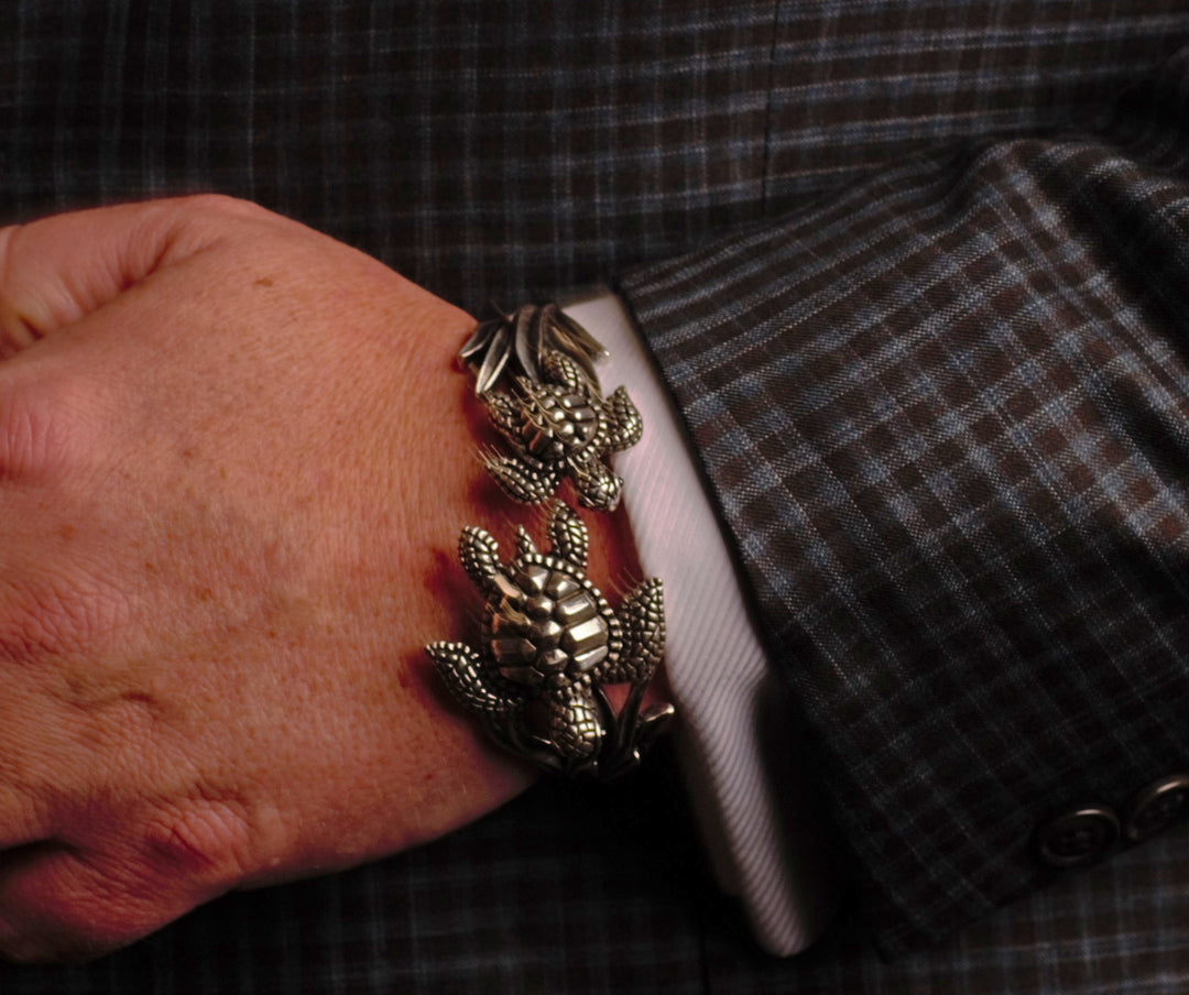 Large Double Turtle Silver Cuff Bracelet