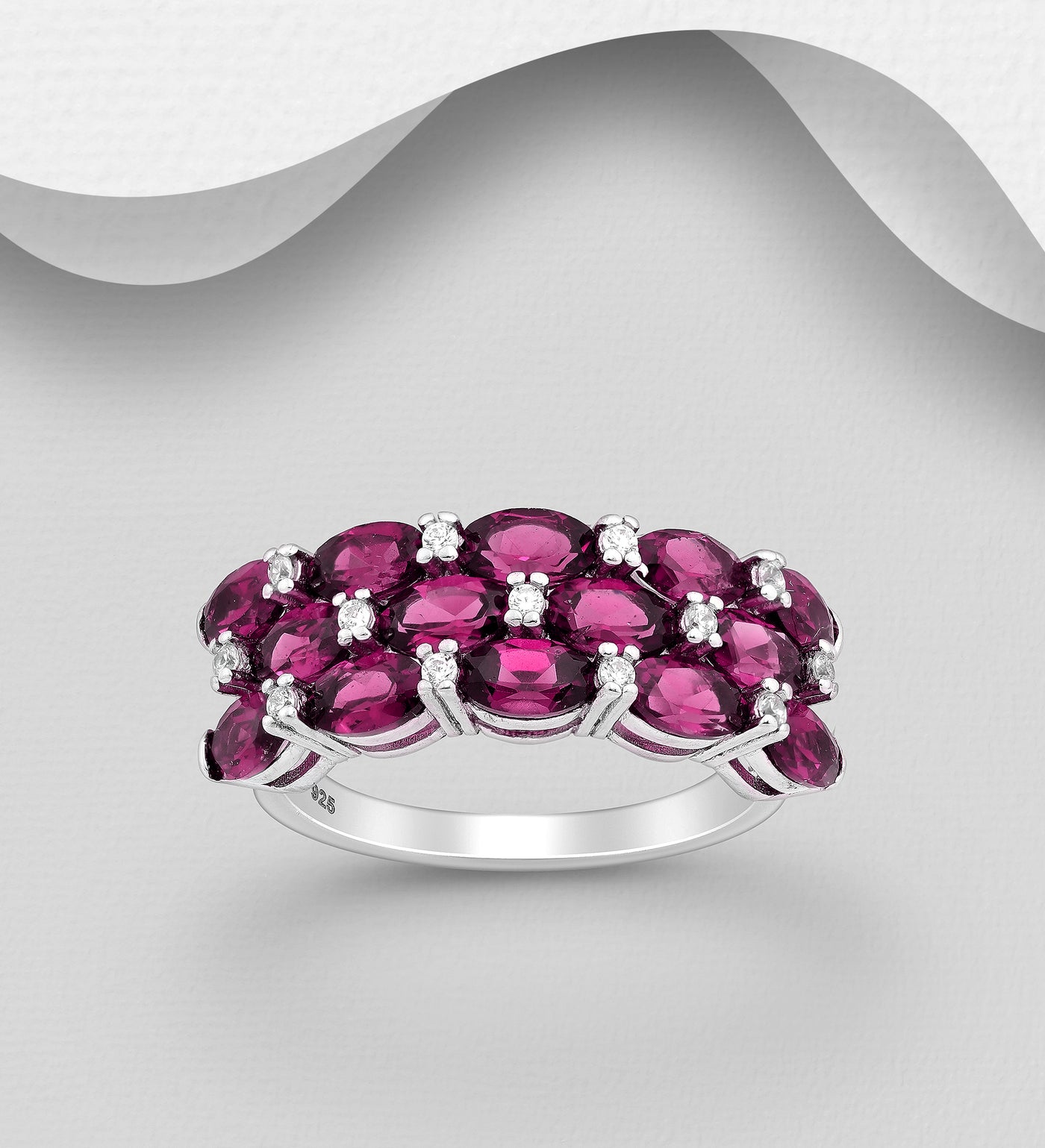 Rhodolite & Simulated Diamonds Silver Ring