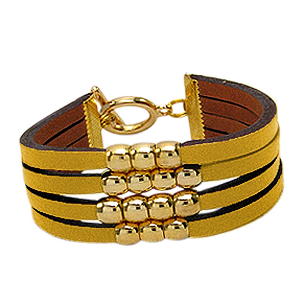 Yellow Gold Over Stainless Steel Leather Strand Bracelet