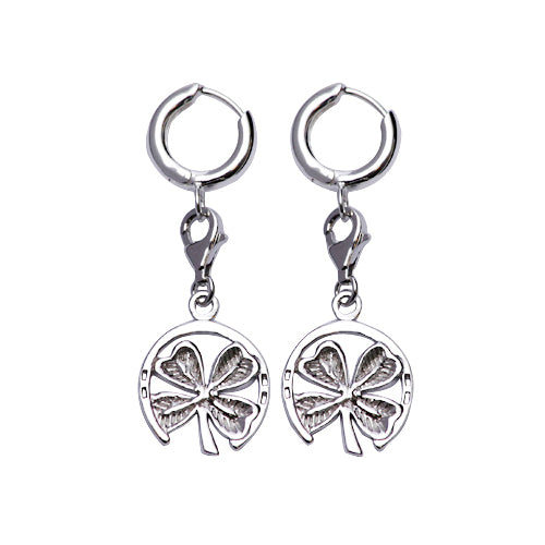 Lucky Horseshoe 4-Leaf Clover Sterling Silver Earrings | SilverAndGold