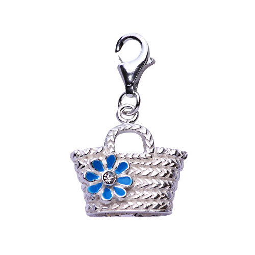 Sterling Silver Bucket Tote Charm with Blue Enamel Flower - SilverAndGold.com Silver And Gold