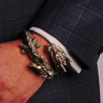 Double-Dragon Head Silver Hinged Bracelet