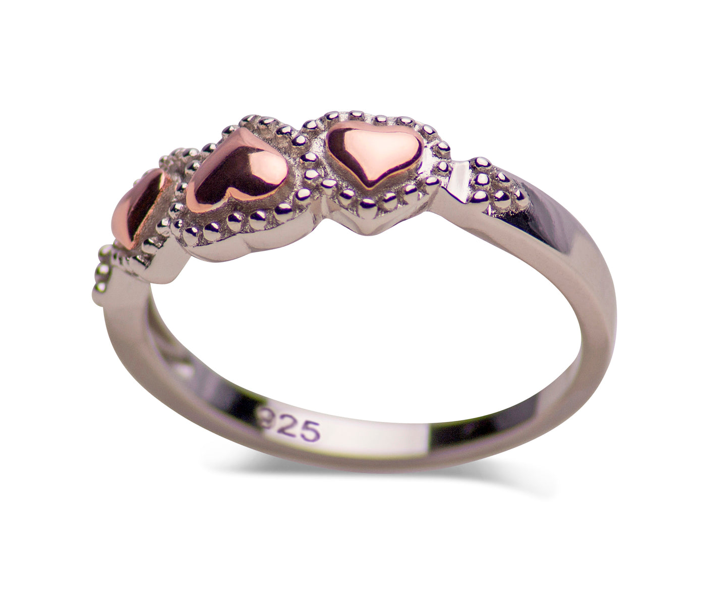 14K Rose Gold Plated Sterling Silver Beaded Two-Tone Three Heart Ring