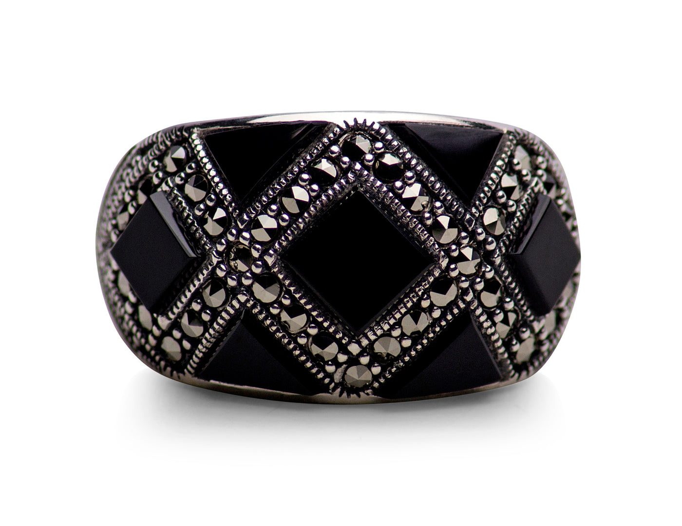 Sterling Silver, Black Onyx and Marcasite Pattern Ring