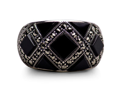 Sterling Silver, Black Onyx and Marcasite Pattern Ring