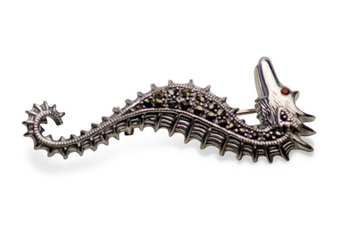 Marcasite, Garnet & Sterling Silver Seahorse Brooch Pin