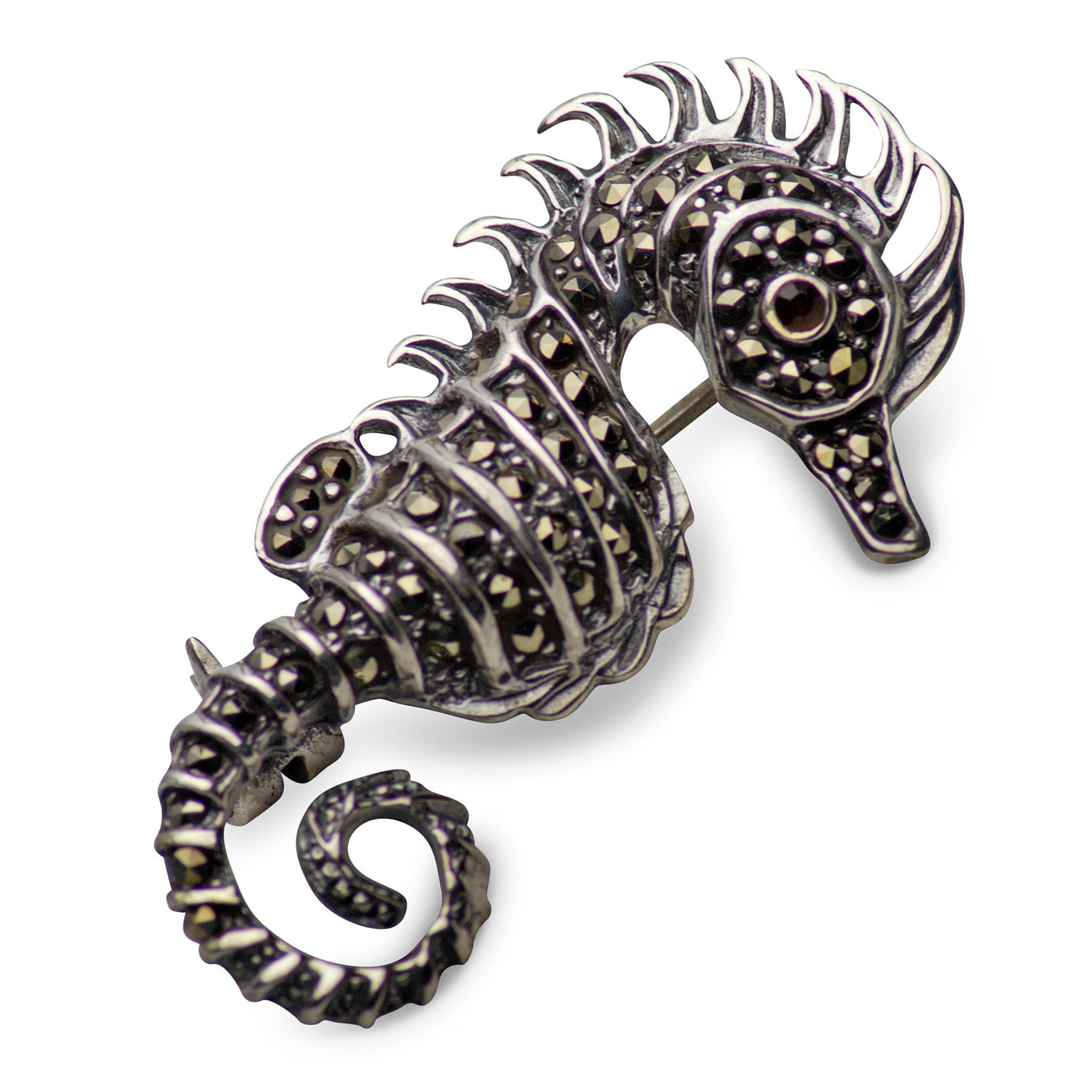 Marcasite & Sterling Silver Small Seahorse Brooch Pin
