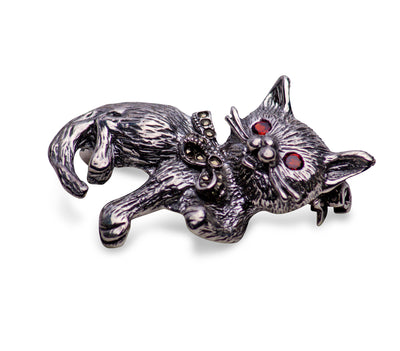 Marcasite & Sterling Silver Kitten Brooch Pin