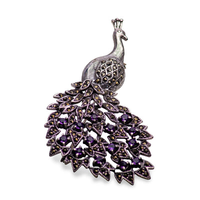 Peacock Marcasite Silver Brooch